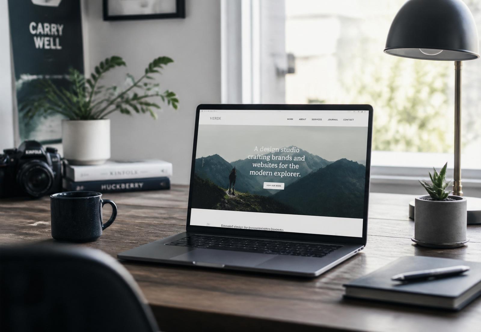 A designer's workspace with a laptop showing a beautiful website